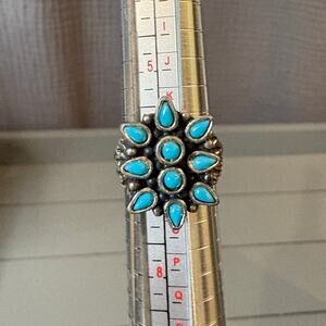 Vintage Turquoise Cluster Ring – Silver Tone Statement Ring Size 7